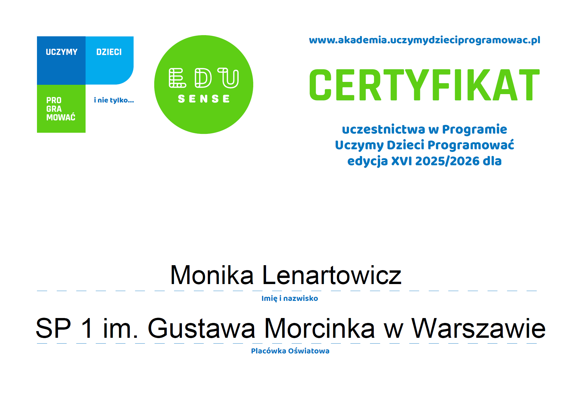 certyfikat udziału w projekcie